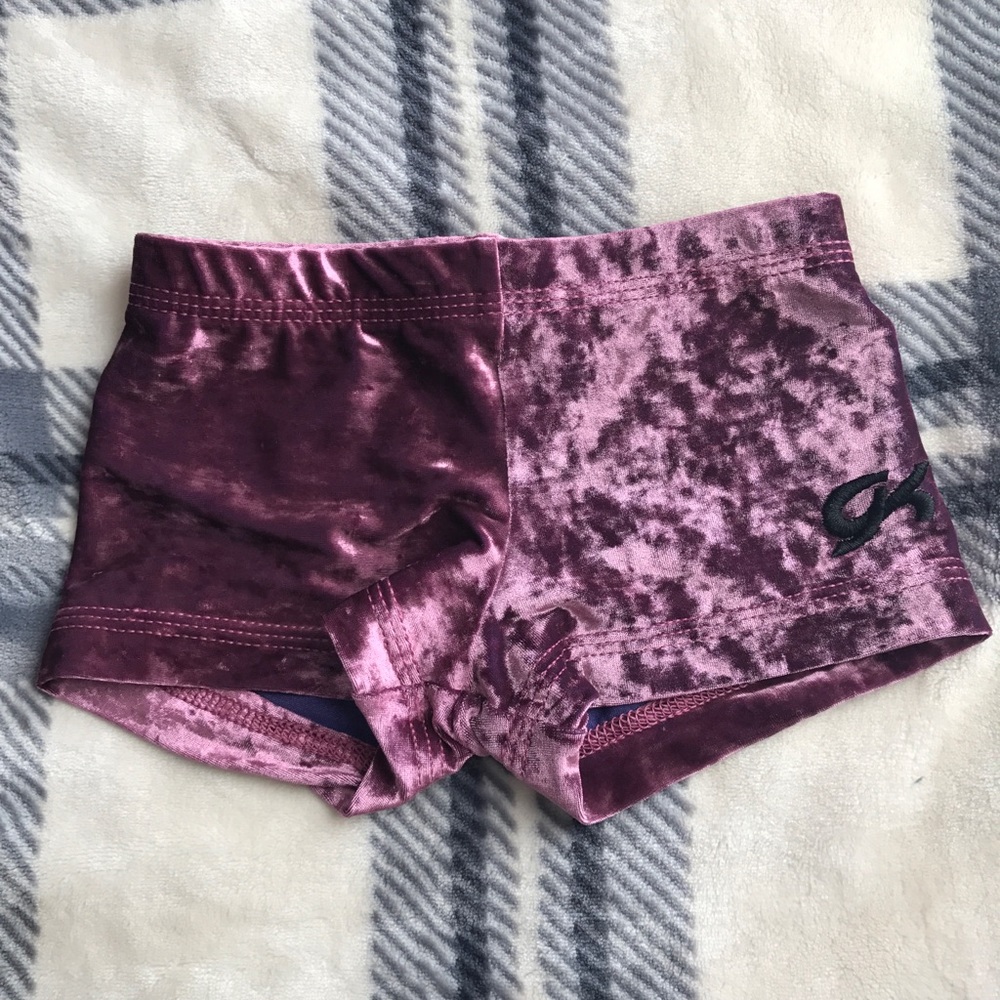 GK Elite CM Purple Velour gymnastics shorts